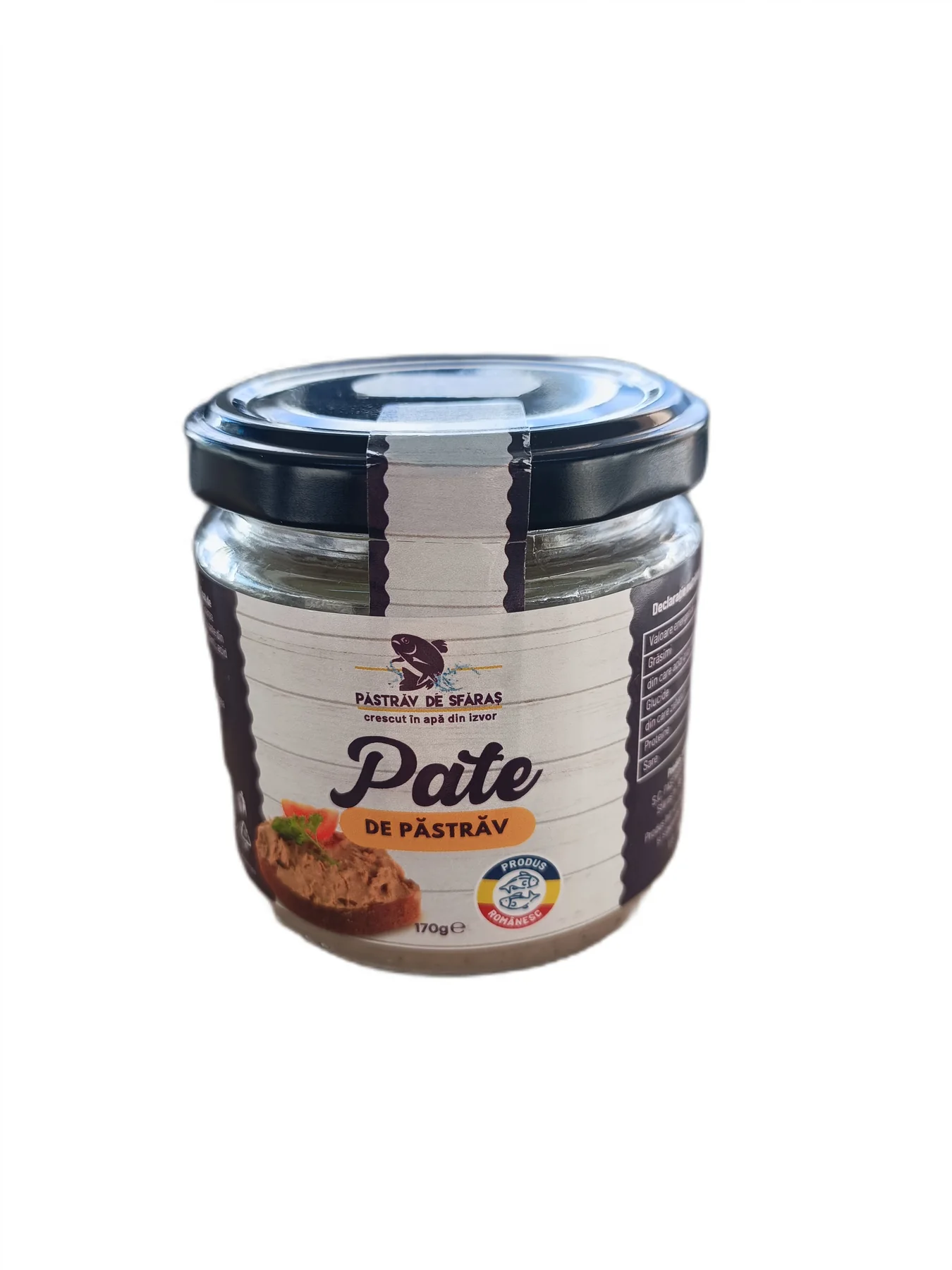 Borcan de 170 g cu pate din ficat de păstrăv