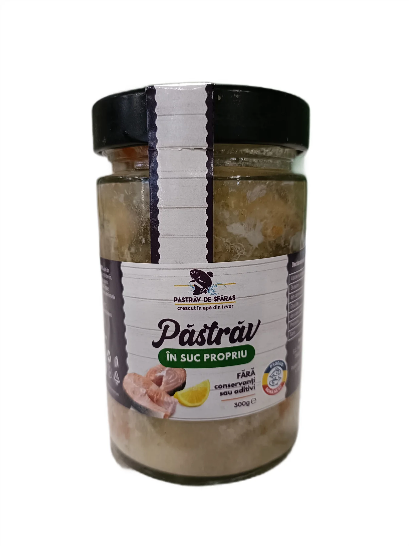 Borcan de 300 g cu păstrăv în suc propriu